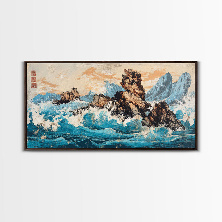 Rocky Blue Ocean Cliffs In Japanese Style Framed Canvas Print, Seascape Wall Art For Coastal Decor And Nautical Home Decor