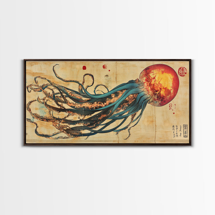 Giant Squid With Red Sun Japanese Wall Art, Octopus Canvas Print For Marine Life Decor, Coastal Statement Artwork For Living Room Decor