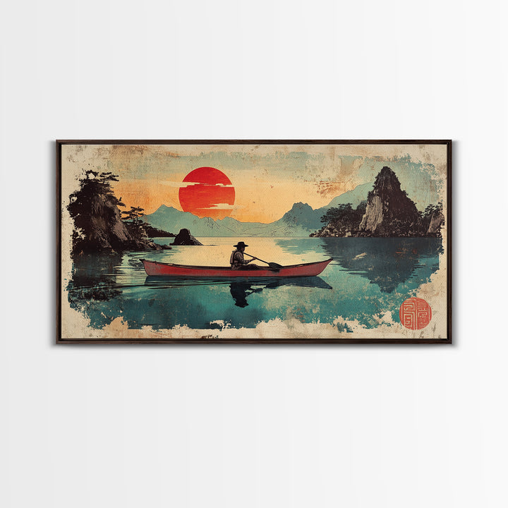 Fisherman Rowboat On Misty Mountain Lake Wall Art, Japanese Landscape Canvas Print For Zen Home Decor And Living Room Decor