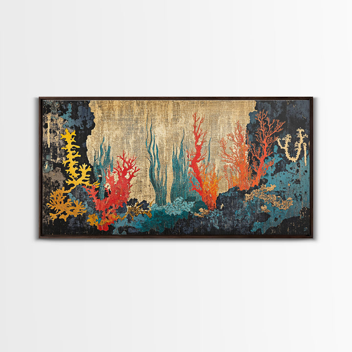 Vibrant Coral Reef Underwater Scene Framed Canvas Print, Ocean Wall Art For Coastal Decor, Marine Life And Beach House Decor