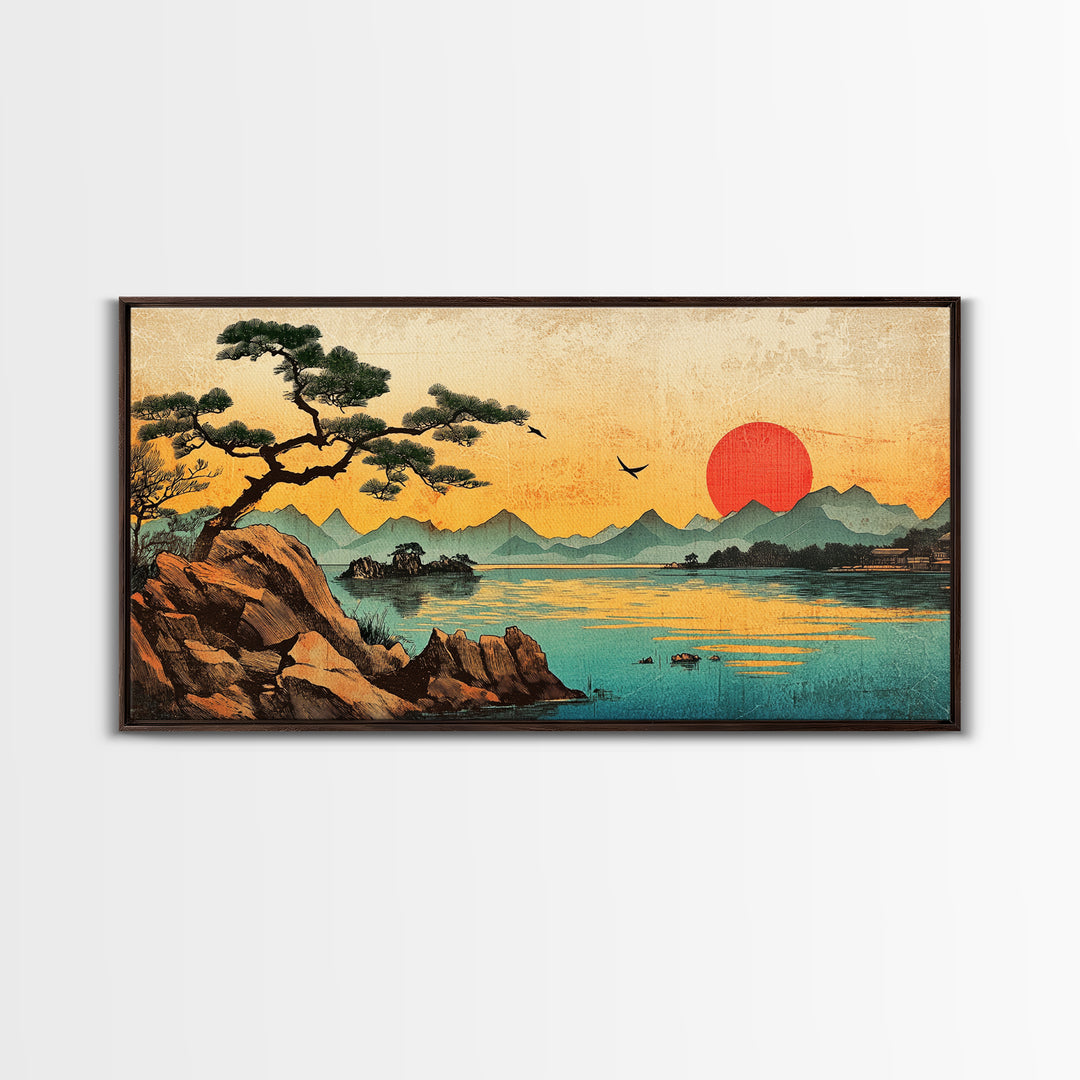 Pine Tree Sunset Over Mountain Lake Wall Art, Japanese Landscape Canvas Print For Zen Decor And Coastal Living Room Decor