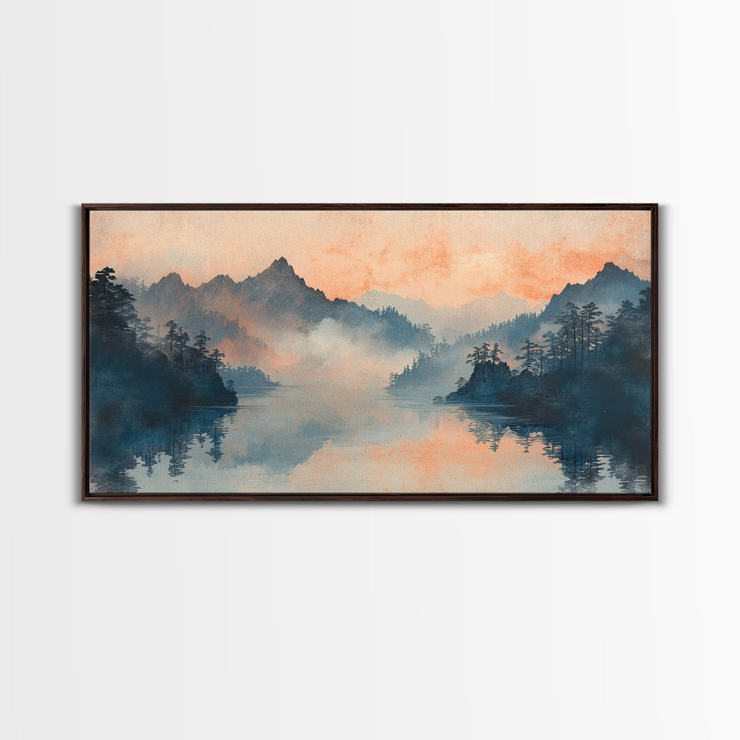 Misty Mountain Lake Sunrise Wall Art, Japanese Landscape Art Print, Serene Nature Decor, Large Horizontal Living Room Decor