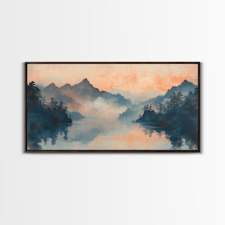 Misty Mountain Lake Sunrise Wall Art, Japanese Landscape Art Print, Serene Nature Decor, Large Horizontal Living Room Decor