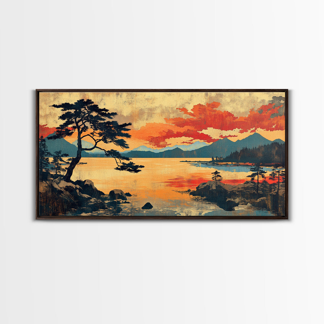 Orange Sunset Pine Lake Wall Art, Japanese Woodblock Landscape Print, Rustic Cabin Decor, Large Nature Art For Living Room