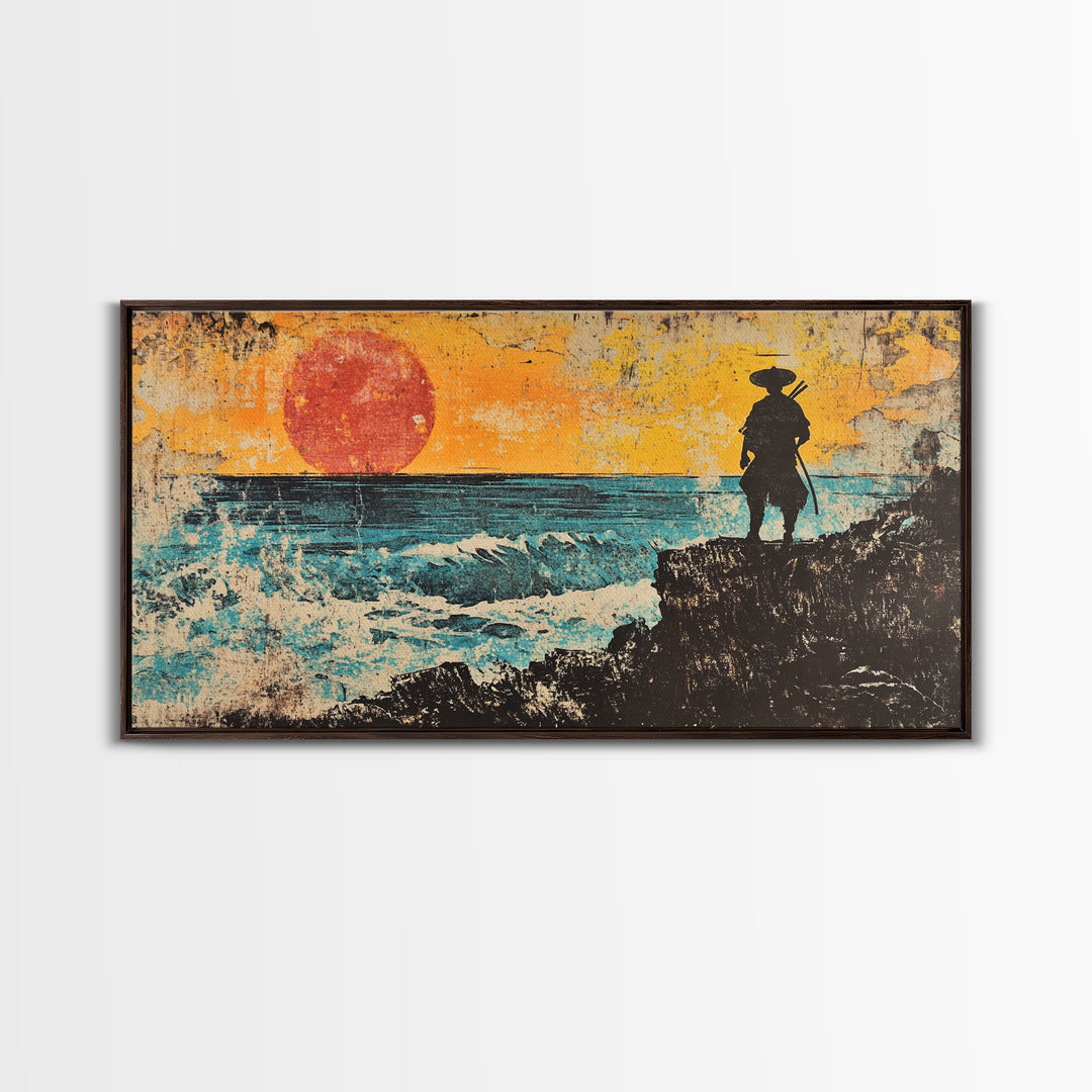 Samurai Ocean Sunset Framed Canvas Print, Japanese Warrior Wall Art, Coastal Seascape Decor, Bold Gift For Him, Man Cave Decor