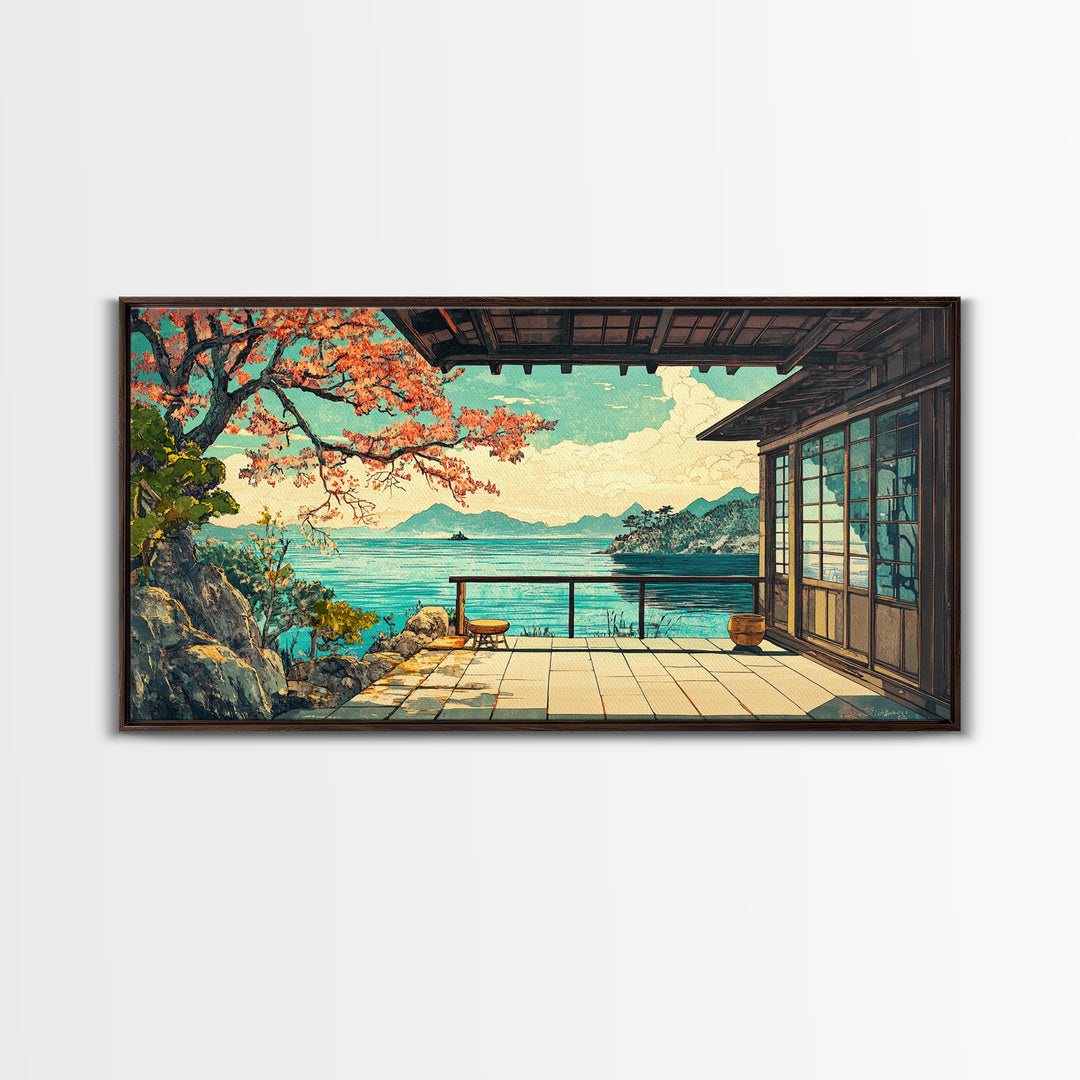 Japanese Seaside Veranda Canvas Print, Turquoise Ocean Wall Art, Zen Coastal Home Decor, Japandi Living Room Wall Decor Art
