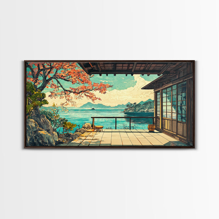 Japanese Seaside Veranda Canvas Print, Turquoise Ocean Wall Art, Zen Coastal Home Decor, Japandi Living Room Wall Decor Art