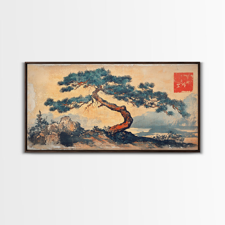 Windswept Pine Tree Wall Art, Japanese Ink Landscape Print, Zen Nature Decor, Minimalist Coastal Framed Canvas Print, Serene Home Decor