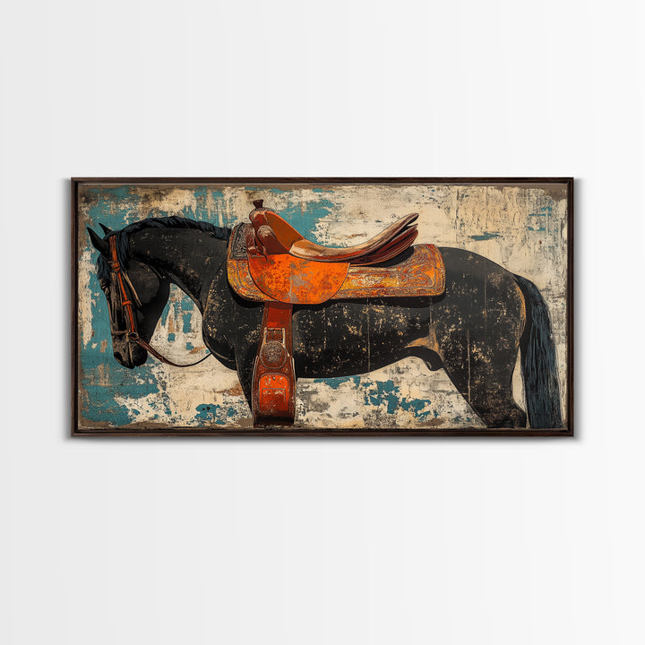 Black Horse With Orange Western Saddle Wall Art, Rustic Ranch Decor, Equestrian Art Print, Cowboy Living Room Decor Gift