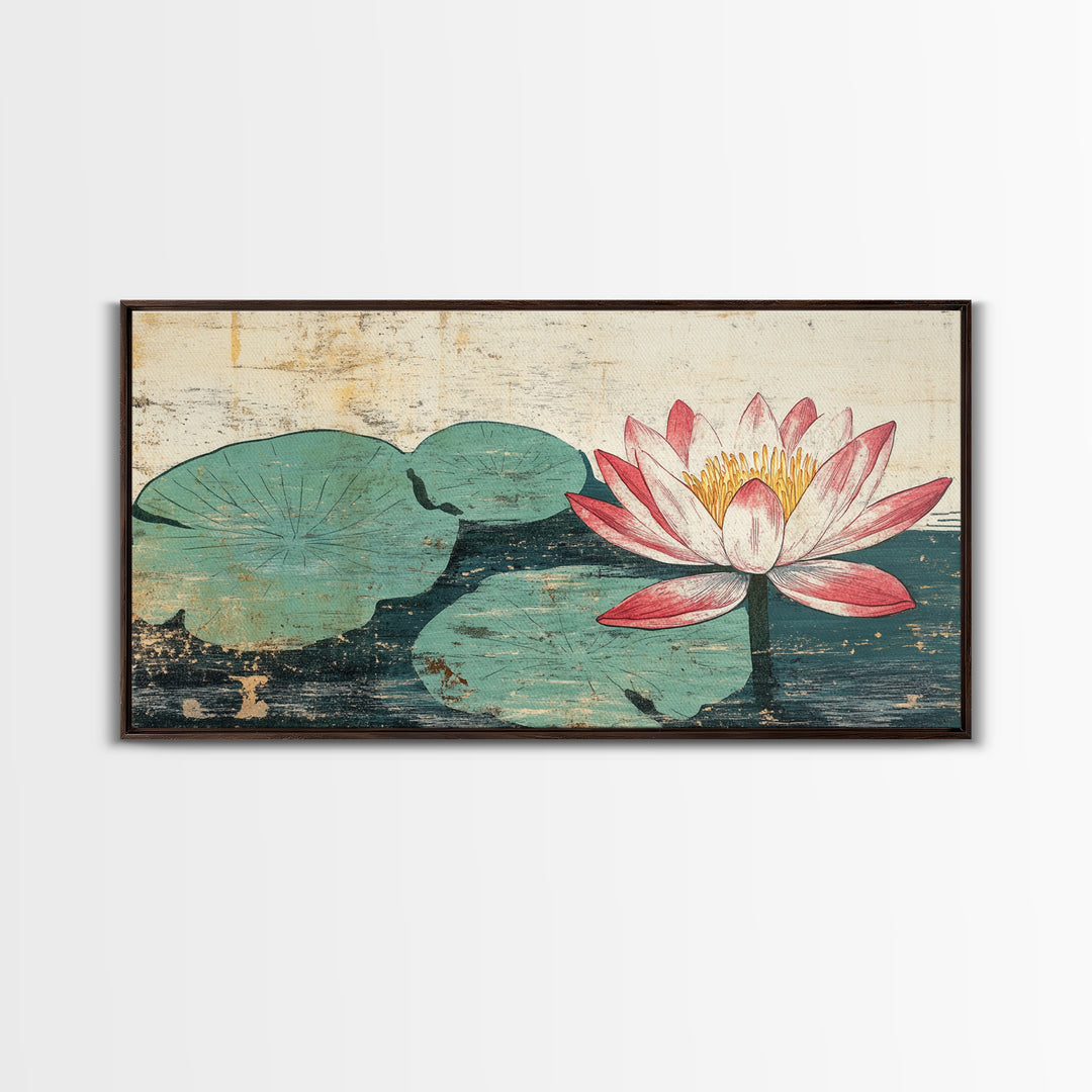 Pink Lotus Blossom And Lily Pads Canvas Print, Zen Wall Art, Botanical Wall Decor, Japandi Bathroom Art, Spa Decor Print