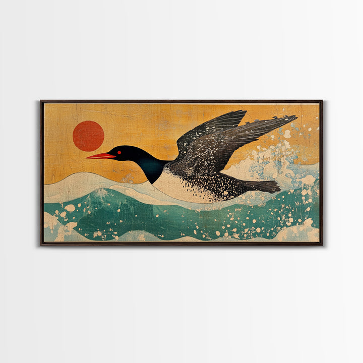 Black Loon Bird Canvas Print, Japanese Coastal Wall Art, Lake House Decor, Nautical Wildlife Art Print For Bird Lovers Gift