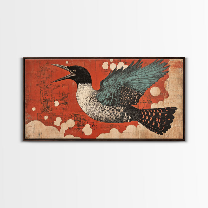 Speckled Sea Bird Framed Canvas Print, Japanese Wildlife Wall Art, Rustic Coastal Decor, Teal Wings Red Sky Print For Home Decor