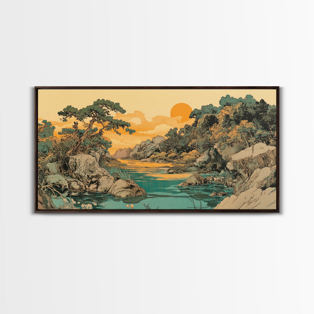 Golden River Valley Landscape Wall Art, Japanese Mountain Canvas Print, Serene Nature Decor, Japandi Living Room Art Gift