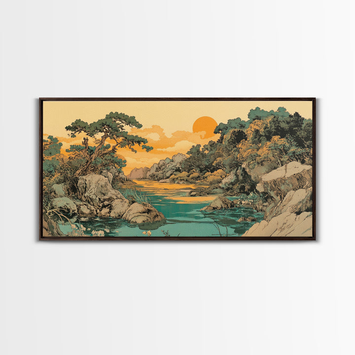 Golden River Valley Landscape Wall Art, Japanese Mountain Canvas Print, Serene Nature Decor, Japandi Living Room Art Gift