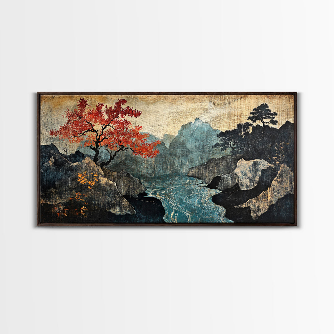 Autumn Mountain Lake Framed Canvas Print, Japanese Landscape Wall Art, Moody Nature Decor, Red Tree Japandi Wall Decor Gift