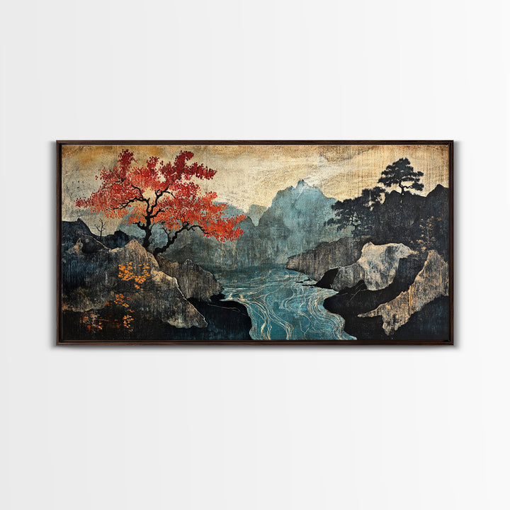 Autumn Mountain Lake Framed Canvas Print, Japanese Landscape Wall Art, Moody Nature Decor, Red Tree Japandi Wall Decor Gift