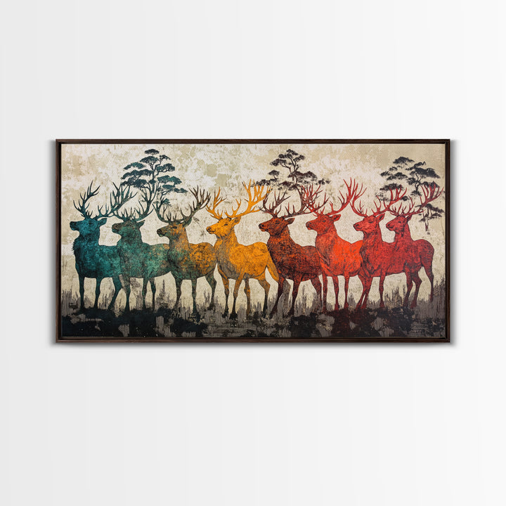 Rainbow Deer Silhouettes In Misty Pines Wall Art, Japanese Wildlife Canvas Print, Rustic Nature Decor, Large Living Room Art