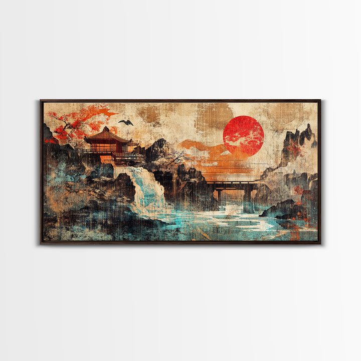 Red Sun Temple Waterfall Over Mountain Lake Wall Art, Japanese Landscape Canvas Print, Asian Zen Decor, Large Living Room Art