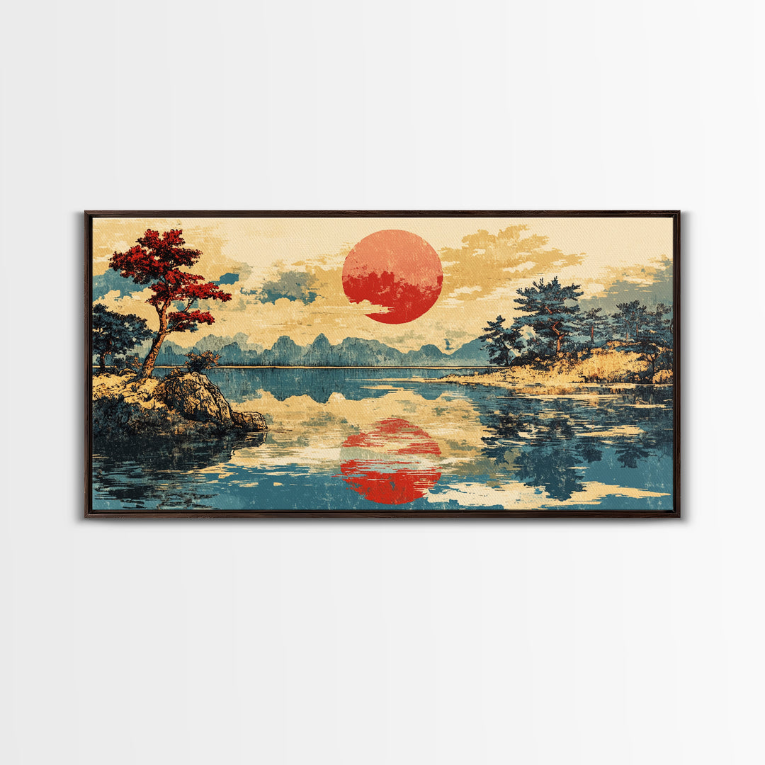 Red Sun Reflected On Serene Mountain Lake Wall Art, Japanese Landscape Canvas Print, Coastal Zen Decor, Large Living Room Art
