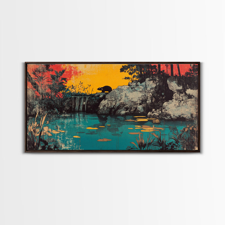 Turquoise Jungle Waterfall At Sunset Wall Art, Tropical Landscape Canvas Print, Nature Decor, Large Horizontal Living Room Art