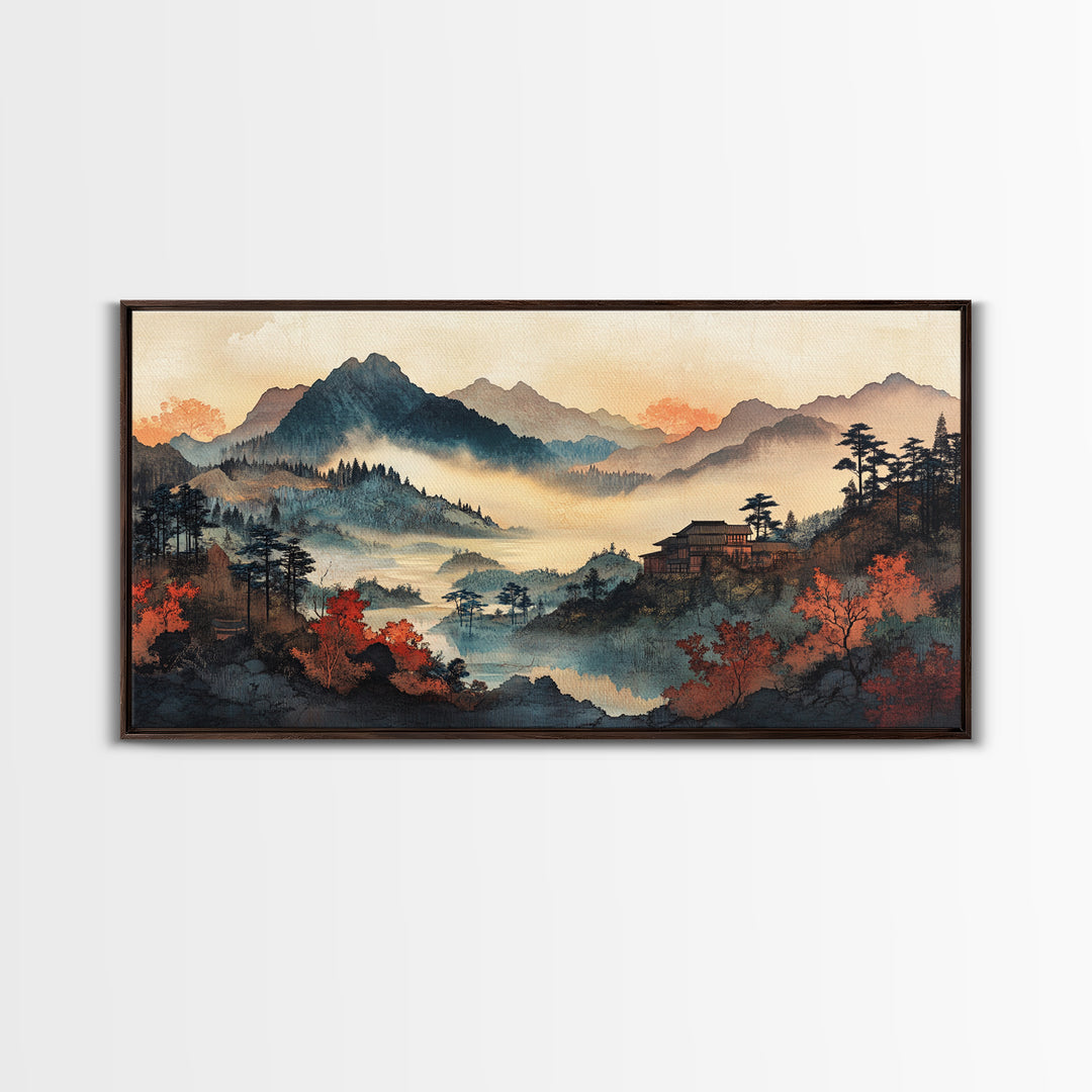 Misty Autumn Mountain Village Wall Art, Japanese Landscape Canvas Print, Moody Nature Home Decor, Large Living Room Wall Art
