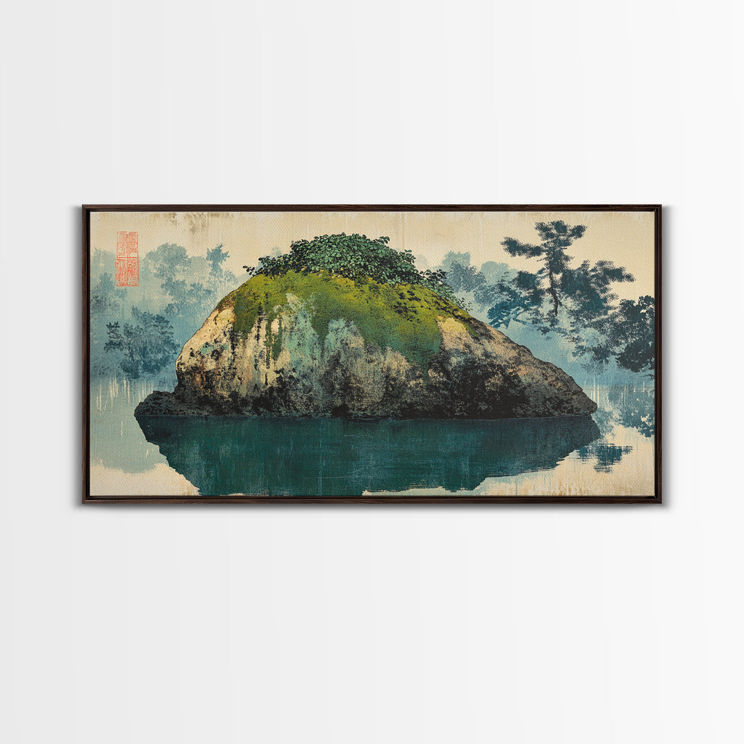 Moss Covered Island Reflected In Calm Water Wall Art, Japanese Zen Landscape Canvas Print, Minimalist Nature Decor, Office Art