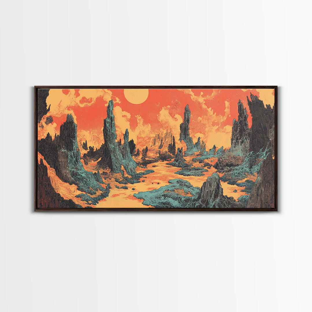 Alien Desert Spires Surreal Landscape Canvas Print, Sci Fi Wall Art, Retro Futuristic Decor, Gaming Room Poster Gift For Him