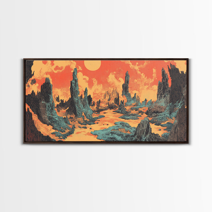 Alien Desert Spires Surreal Landscape Canvas Print, Sci Fi Wall Art, Retro Futuristic Decor, Gaming Room Poster Gift For Him