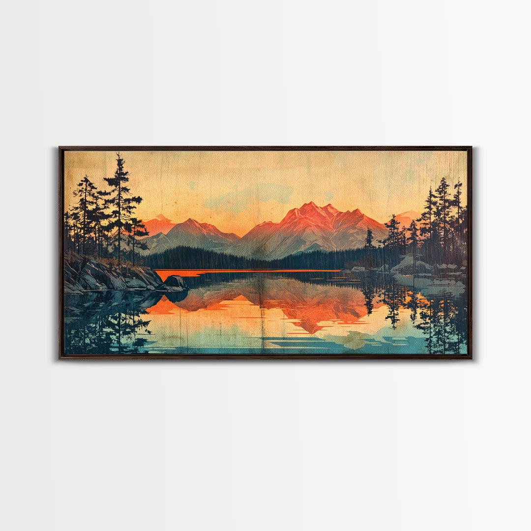Sunset Alpine Lake Reflection Wall Art, Mountain Landscape Canvas Print, Rustic Cabin Decor, Large Living Room Art Gift For Him