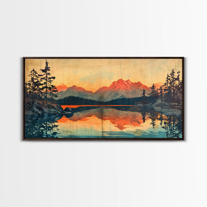 Sunset Alpine Lake Reflection Wall Art, Mountain Landscape Canvas Print, Rustic Cabin Decor, Large Living Room Art Gift For Him