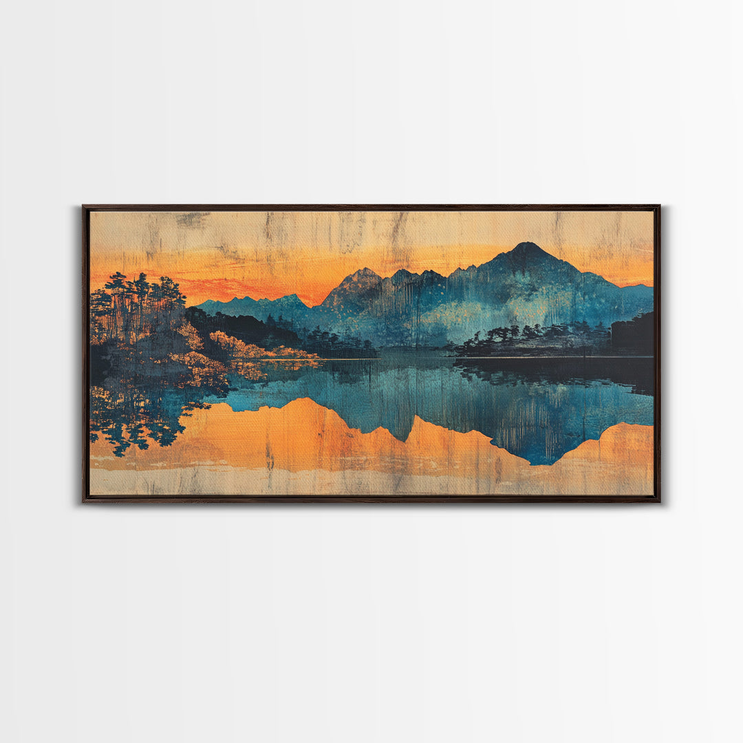 Moody Mountain Lake Reflection Wall Art, Blue Orange Landscape Canvas Print, Rustic Cabin Decor, Large Living Room Art Gift