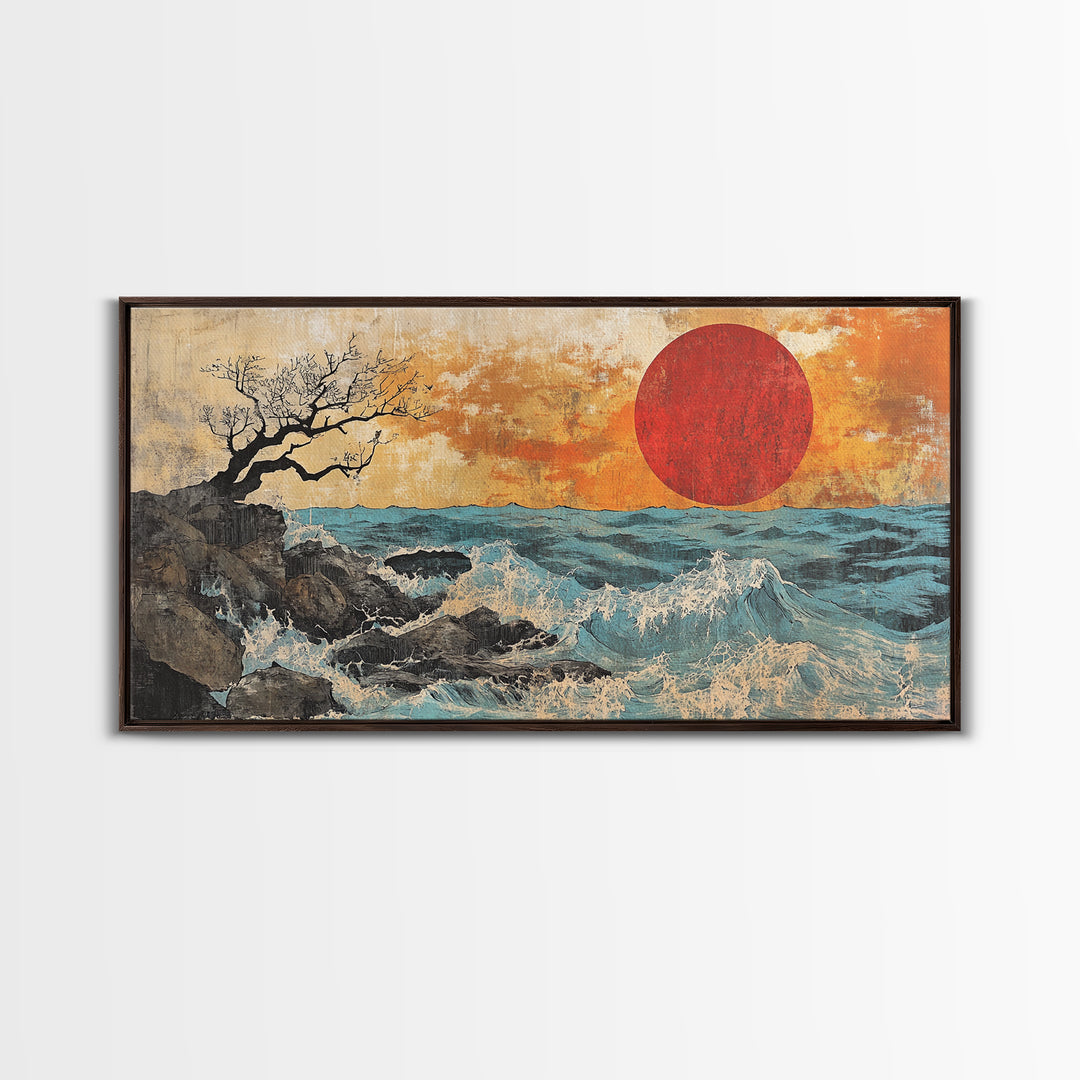 Rocky Ocean Red Sun Seascape Wall Art, Coastal Canvas Print, Japanese Style Wave Decor, Beach House Living Room Housewarming Gift
