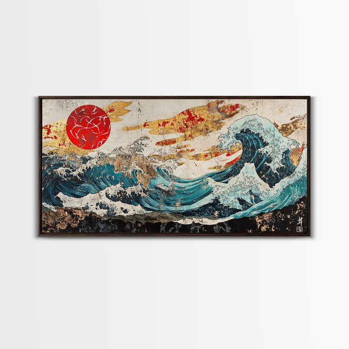 Red Sun Great Wave, Japanese Ocean Framed Canvas Print, Ukiyo E Wall Art, Coastal Decor, Large Living Room Statement Art
