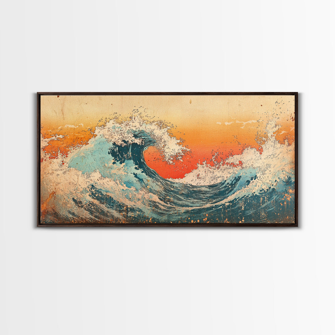 Curling Turquoise Wave, Orange Sky Canvas Print, Japanese Ocean Wall Art, Coastal Bathroom Decor, Beach House Gift, Living Room Decor