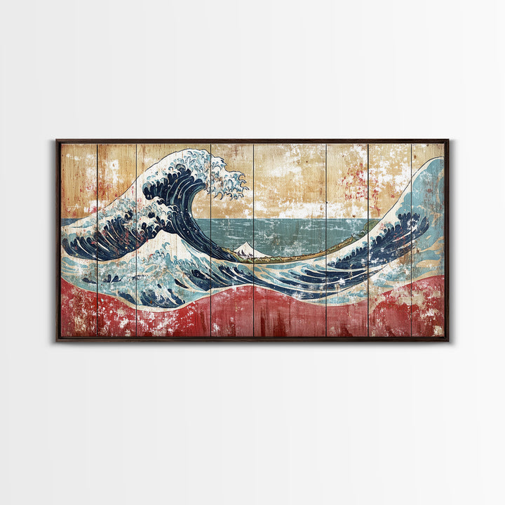 Great Wave Wood Panel, Mount Fuji Framed Canvas Print, Japanese Wall Art, Coastal Decor, Large Horizontal Living Room Art