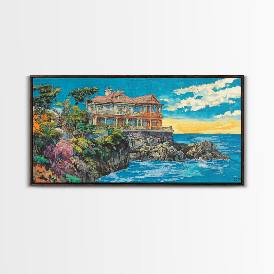 Clifftop Coastal Villa, Bright Seascape Wall Art, Italian Riviera Canvas Print, Ocean Decor, Travel Poster, Gift For Her, Housewarming Gift