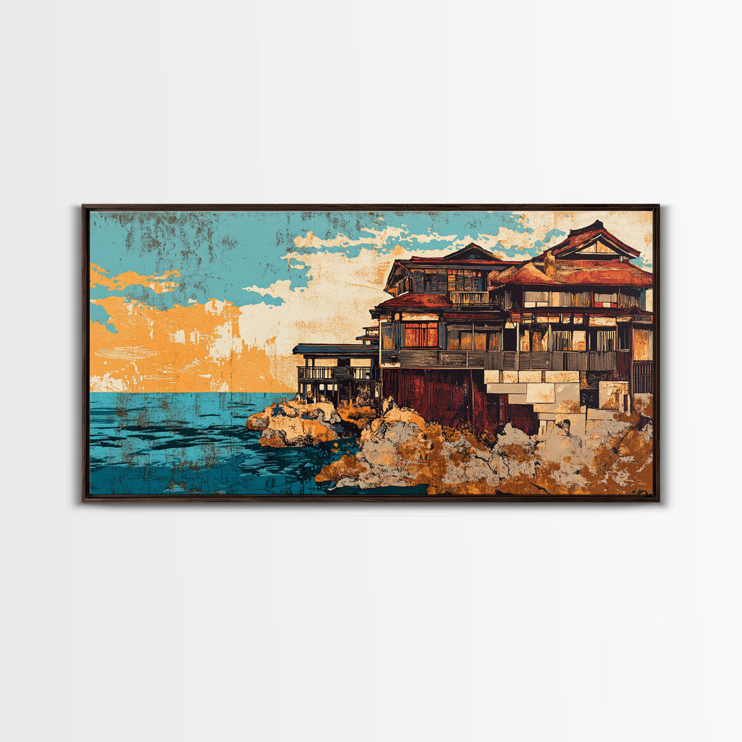 Japanese Seaside Ryokan, Sunset Architecture Wall Art, Coastal Canvas Print, Asian Decor, Ocean View Living Room Decor, Housewarming Gift