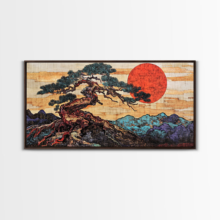 Twisted Bonsai Pine Red Sun Wall Art, Japanese Landscape Print, Japandi Decor, Zen Living Room Framed Canvas Print, Mountain Wall Decor
