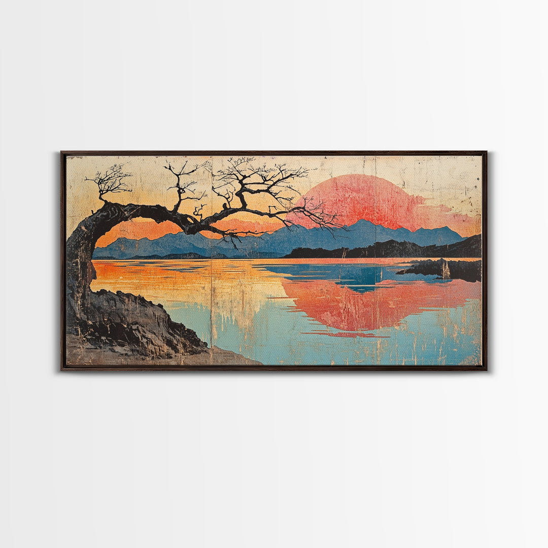 Bare Tree Lake Sunset Wall Art, Japanese Inspired Landscape Print, Serene Coastal Decor, Large Horizontal Canvas Print Art