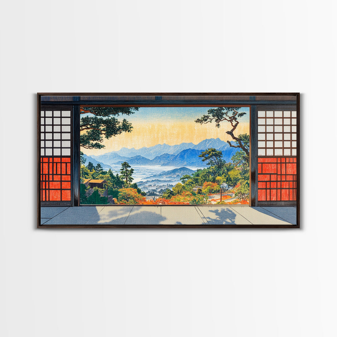 Japanese Shoji Window Mountain View Wall Art, Japandi Landscape Print, Zen Home Decor, Large Framed Canvas Print, Living Room Decor
