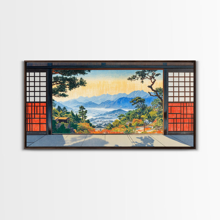 Japanese Shoji Window Mountain View Wall Art, Japandi Landscape Print, Zen Home Decor, Large Framed Canvas Print, Living Room Decor