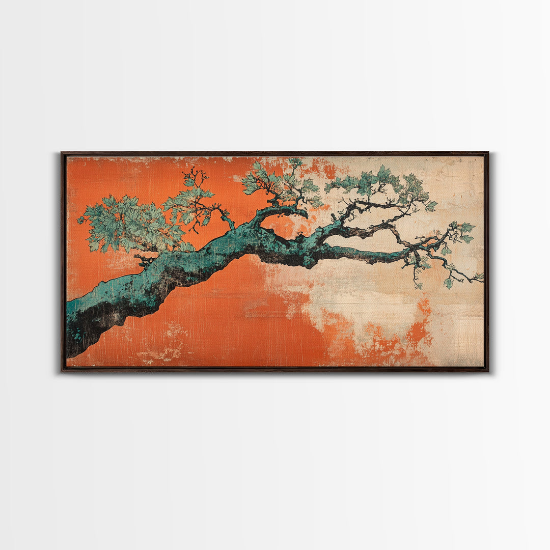 Twisted Pine Branch Wall Art, Japanese Botanical Canvas Print, Orange Teal Nature Decor, Japandi Living Room Wall Decor Gift