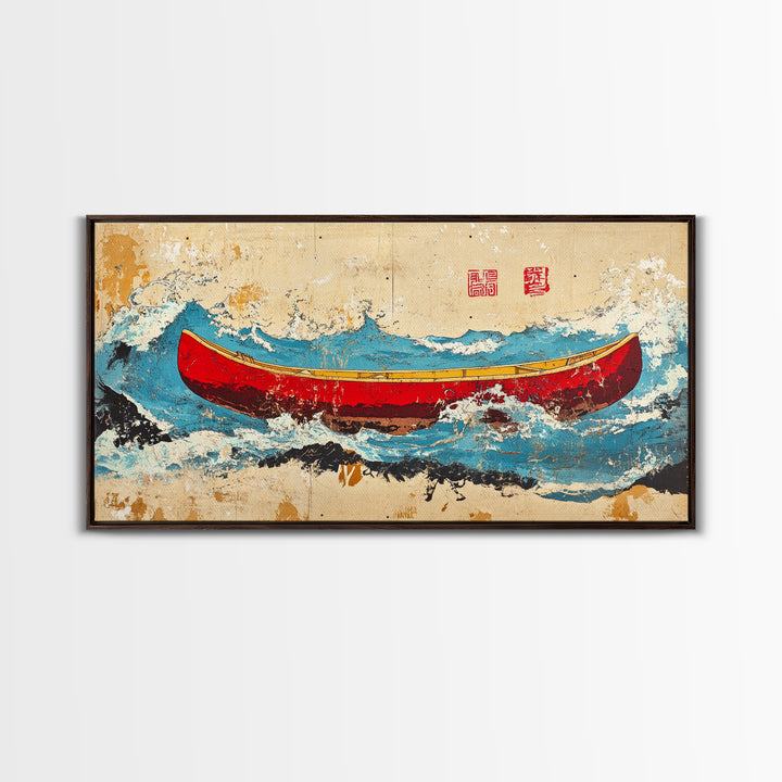 Red Canoe Ocean Waves Wall Art, Japanese Nautical Canvas Print, Coastal Adventure Decor, Beach House Wall Decor Gift Idea
