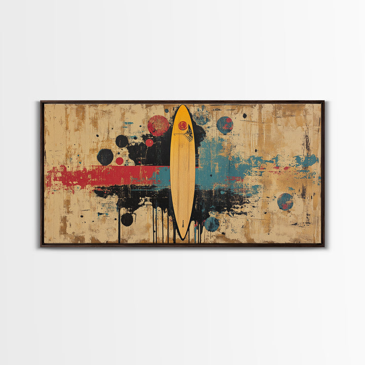 Yellow Surfboard Abstract Wall Art, Retro Beach Canvas Print, Mid Century Modern Decor, Surfer Living Room Wall Decor Gift