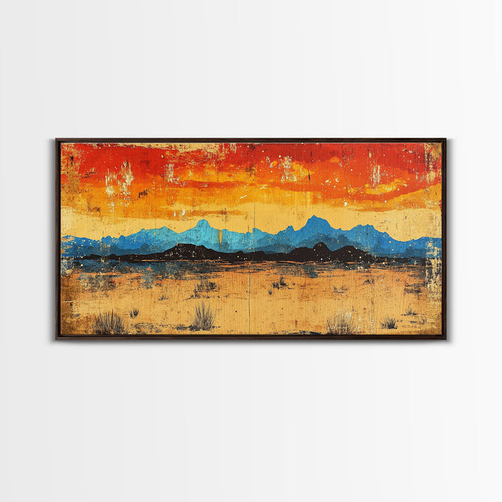Blue Desert Mountain Wall Art, Fiery Sunset Landscape Canvas Print, Southwest Modern Decor, Above Sofa Wall Decor Gift Idea