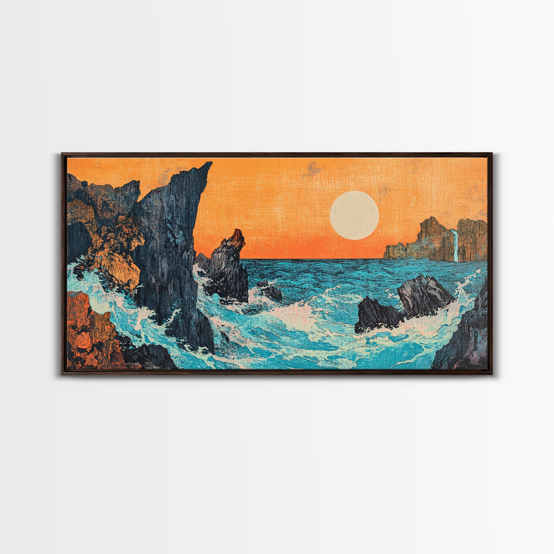 Rocky Ocean Sunset Seascape Wall Art, Japanese Coastal Canvas Wall Art, Beach House Decor, Large Horizontal Print, Ocean Wall Decor