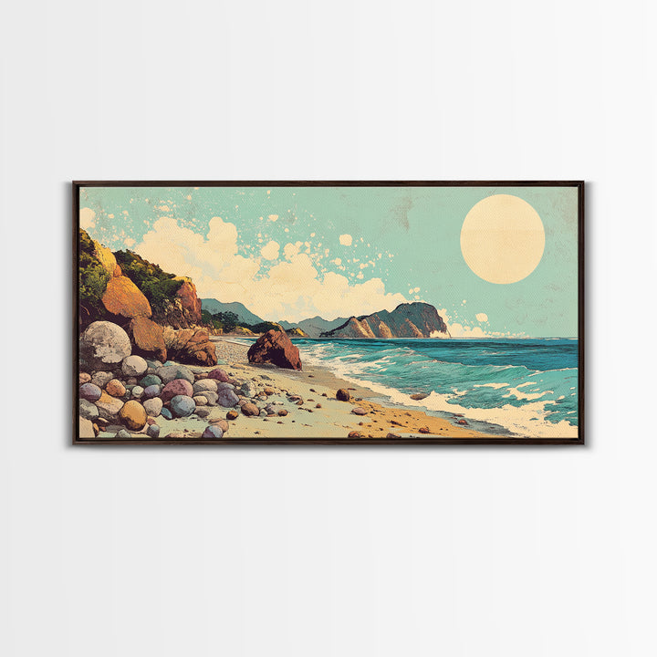 Sunny Rocky Beach Panorama Wall Art, Tropical Coastal Landscape, Ocean Waves Canvas Print, Beach House Decor, Large Horizontal Art