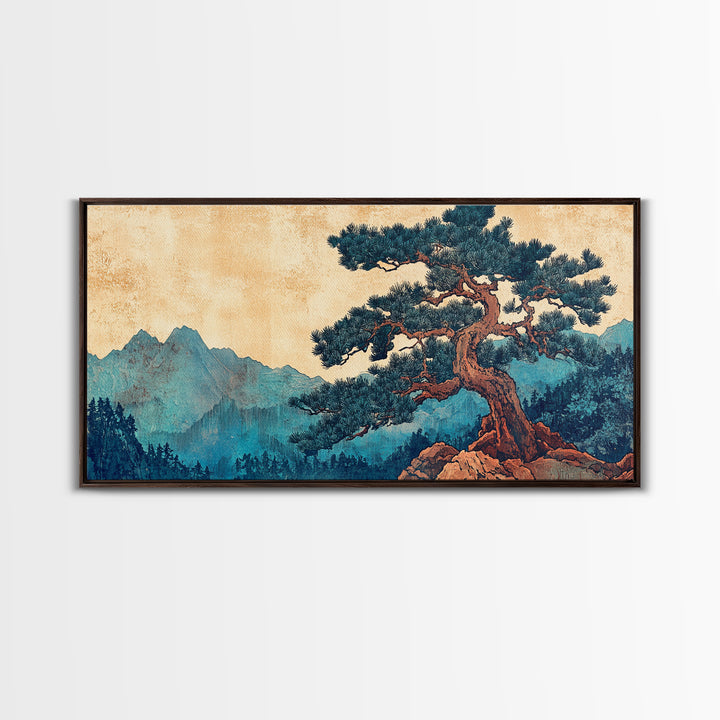 Ancient Pine Mountain Landscape Wall Art, Japanese Nature Canvas Print, Blue Forest Decor, Japandi Wall Art, Large Horizontal Print
