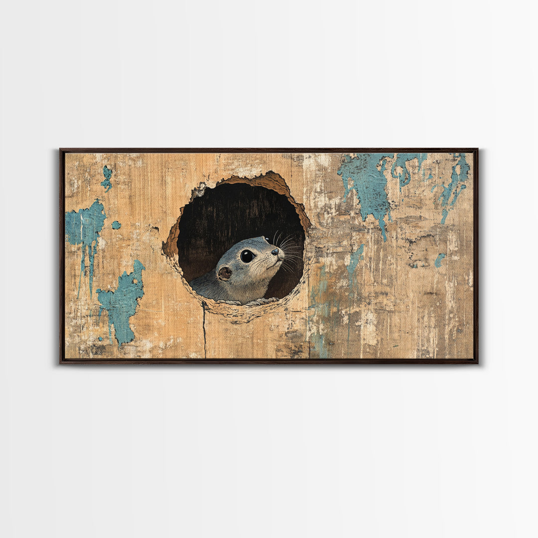Curious Seal Peeking From Weathered Wall Art, Cute Coastal Animal Canvas Print, Nautical Bathroom Decor Gift For Ocean Lover