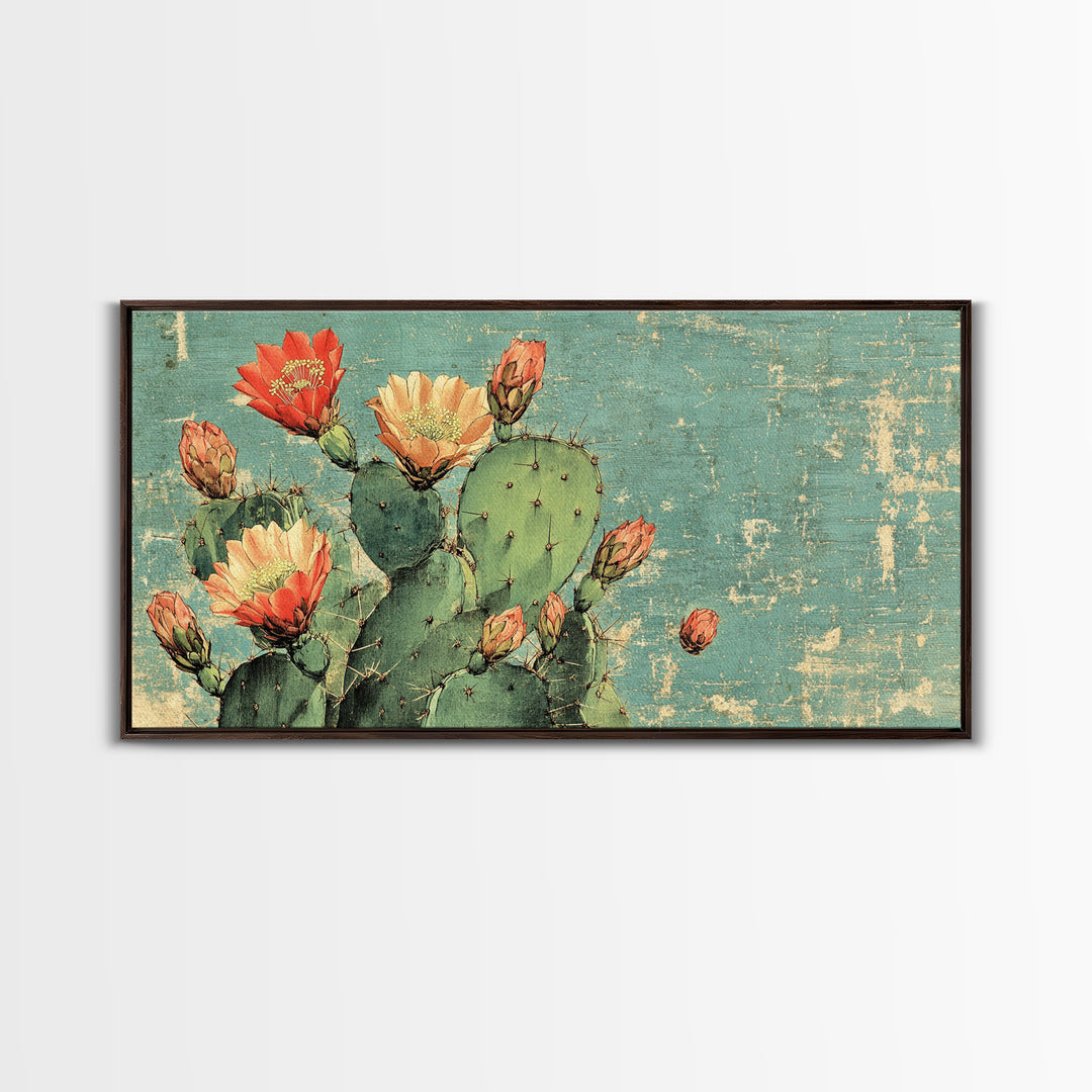 Blooming Prickly Pear Cactus Wall Art, Southwest Desert Canvas Print, Botanical Boho Home Decor Gift For Her Living Room